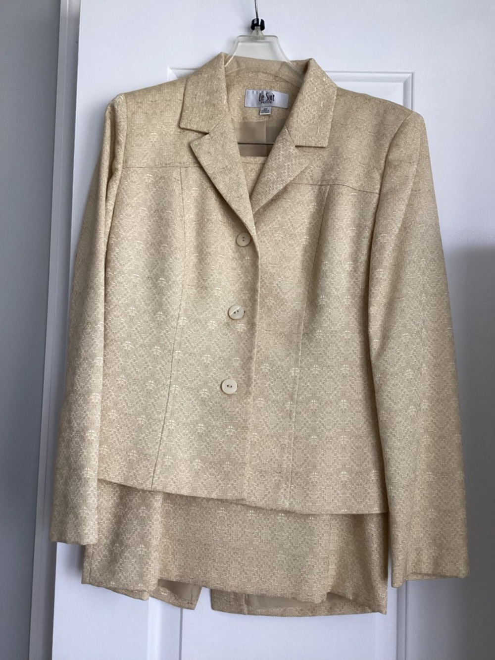 Le Suit Textured Blazer and Skirt Suit, cream/tan, size 6P